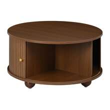 Coffee Table, Round Coffee Table, Living Room Table, Surrounding Vertical Relief Structure, Two Sliding Doors, MDF Body, Metal Handles, Spherical Metal Legs, Four Separate Storage Compartments. - Walnut Wood Color - View 9