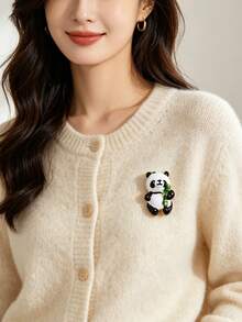 1pc Panda Holding Bamboo Brooch, High-End Elegant Creative Animal Pin, Versatile Clothing Accessory - Black and White - View 5