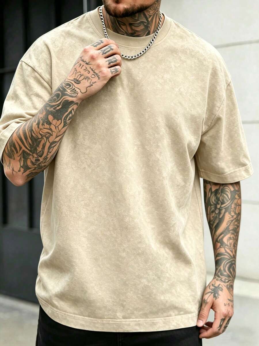 男士休閒純色短袖T恤,適合夏季,舒適運動風 - 香檳色 - 查看 1
