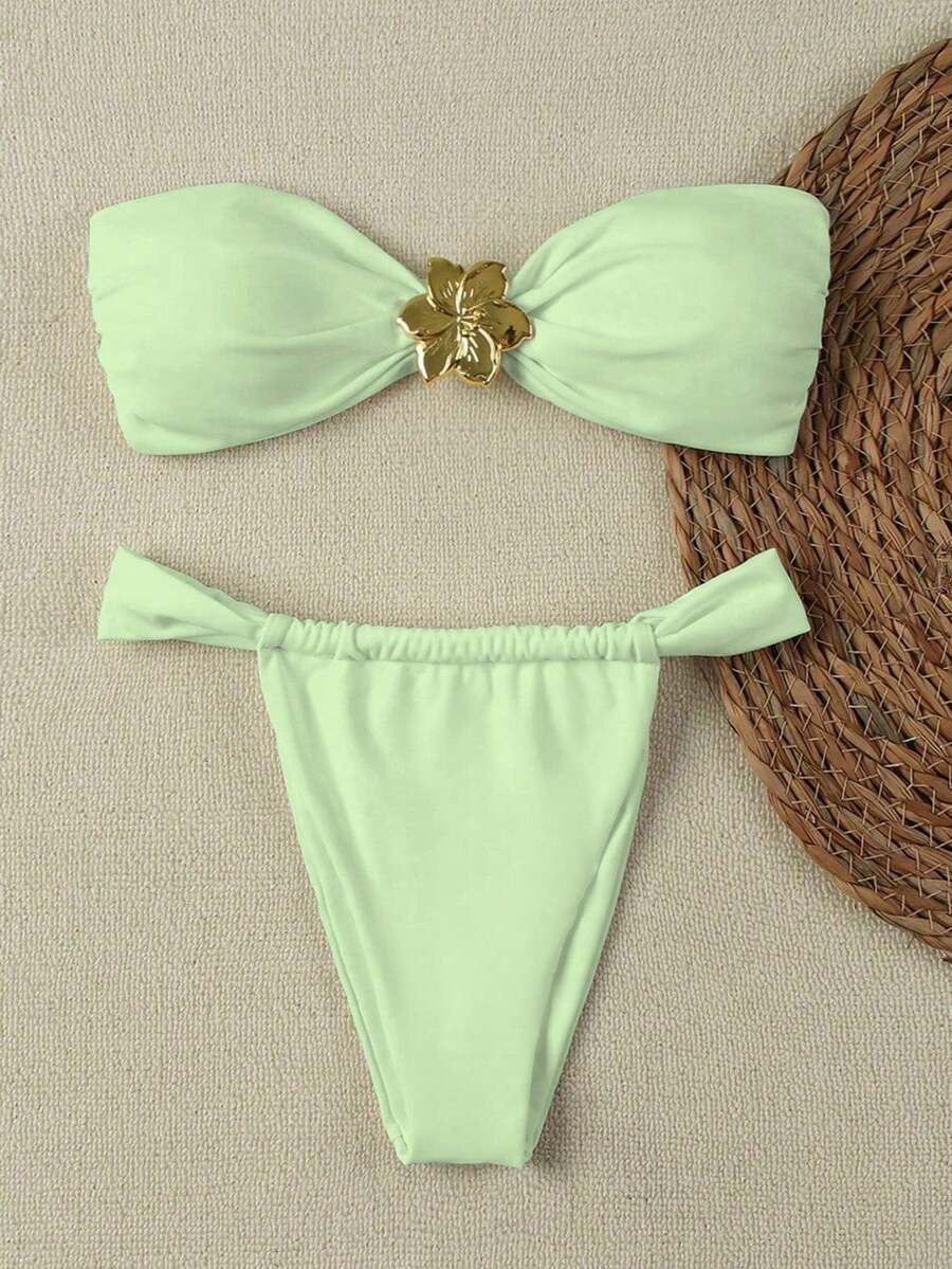 女款優雅春夏海灘度假淺綠色性感平口休閒比基尼套裝,飾有金色花朵 - 淺綠 - 查看 1