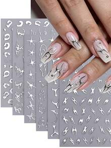 6 Blatt 3D metallische Linien Nagelaufkleber abstrakte silberne Dornen Ranke Kurve Streifen Linien Wirbel Stern Leopard Slider Maniküre Klebe Nagelkunst Aufkleber DIY Y2K Nagelkunst Dekorationen - Silber - Übersicht 3