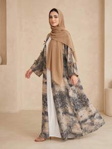 Hafizah 女款穆斯林端莊時尚雪紡印花兩件套，含希賈布，夏季休閒外套 - 杏色 - 查看 3
