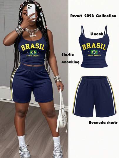DVSLOE Women's Summer Brazil Flag Print 2-Piece Set, Adjustable Spaghetti Strap Cropped Tank Top & Side Stripe Cycling Shorts Set
