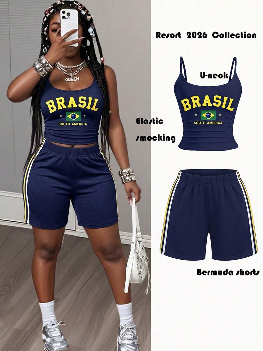 DVSLOE Set estivo da donna con stampa della bandiera del Brasile, top corto con spalline sottili regolabili e pantaloncini da ciclismo con striscia laterale, 2 pezzi - Blu Navy - Visualizzare 1
