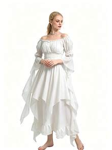 Off Shoulder Asymmetrical Sleeve Ruffle Trim Dress Elegant Spring - Beige - View 5