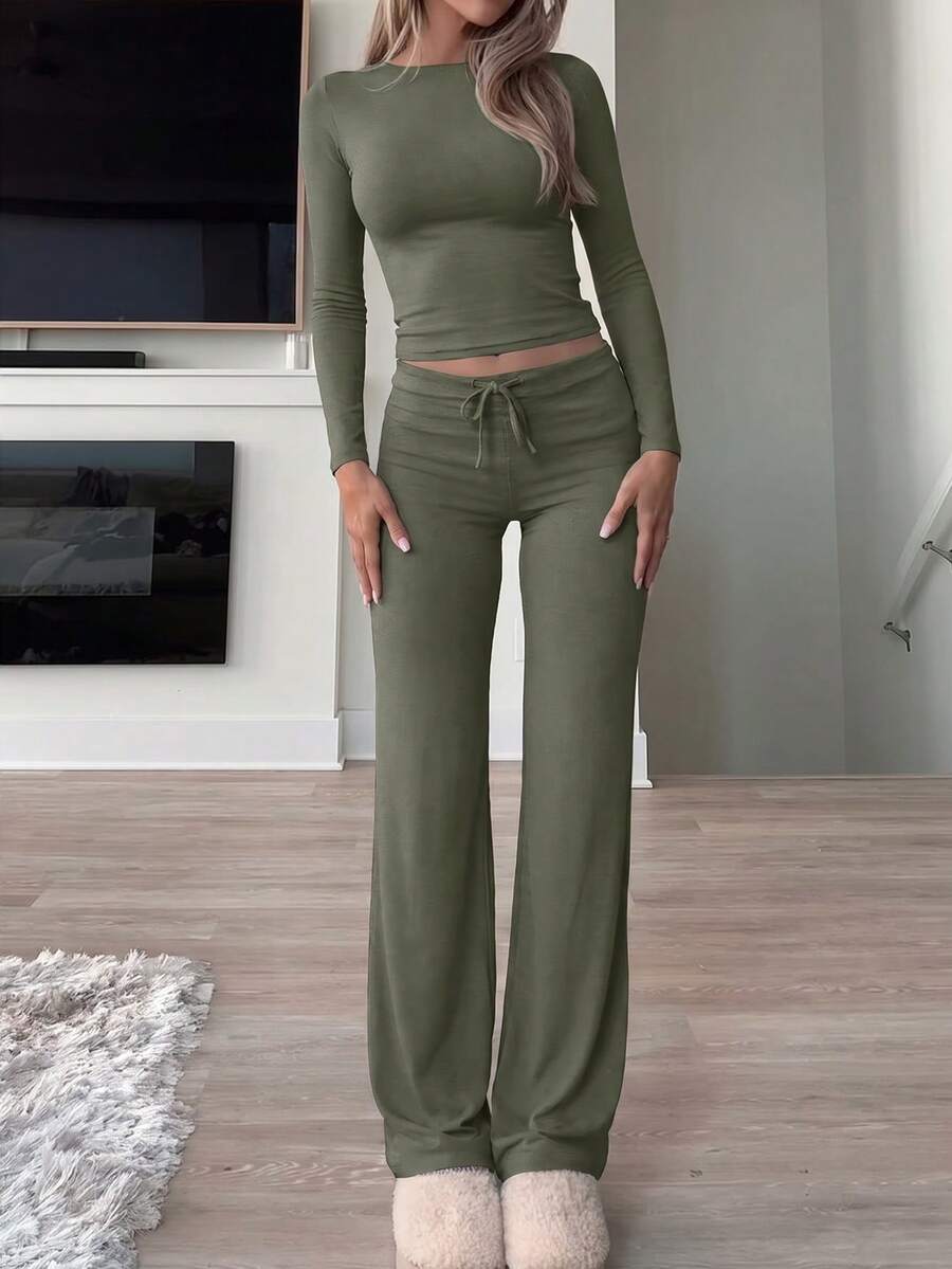 GAOVOT Women's Y2K Style Spring/Summer Sports & Casual Solid Color Fitted Long Sleeve T-Shirt And Drawstring Long Pants 2-Piece Set Elegant - Army Green - View 1