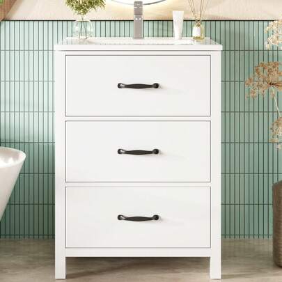 61 X 47 X 83 Cm, Freestanding Washbasin, Fully Lacquered, Three Drawers, Silent Sliding Rails, One-Piece Ceramic Basin, White.