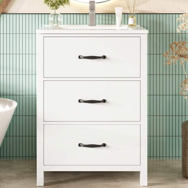 61 X 47 X 83 Cm, Freestanding Washbasin, Fully Lacquered, Three Drawers, Silent Sliding Rails, One-Piece Ceramic Basin, White.