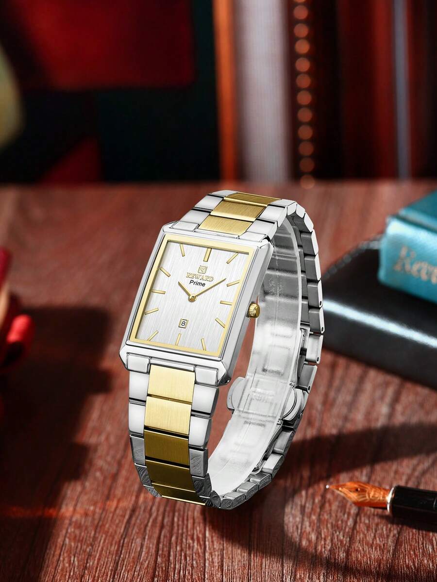 REWARD Men's Quartz Watch, Business Fashion Style, Calendar Function, Luminous Hands, Multi-Function, High-Quality Gift, Classic Design, Stainless Steel Band - Silver and Gold - View 1