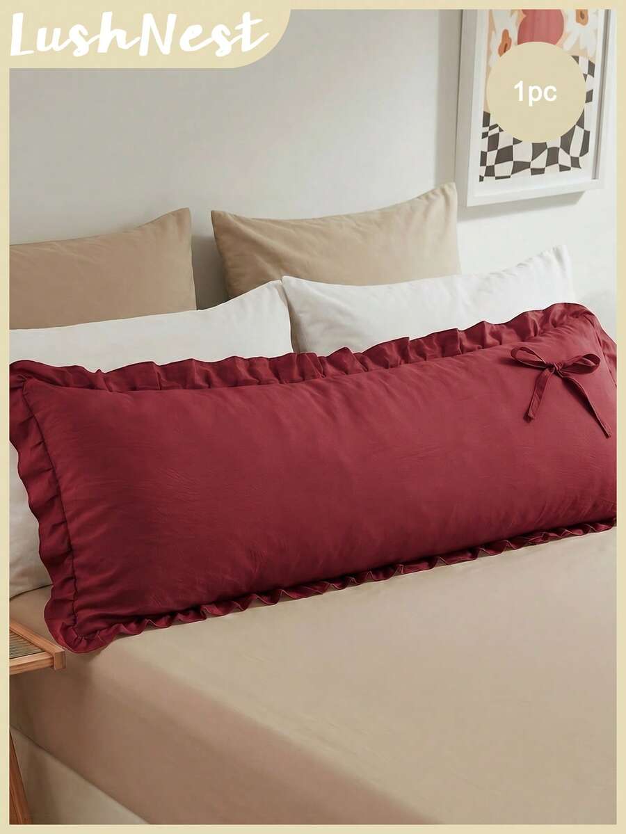 1pc Burgundy Ruffled With Ties Solid Color Long Pillowcase (Without Insert), Comfortable And Breathable Polyester Fiber Suitable For All Seasons, Applied To Bedroom Scenes, Home Decoration, Versatile Daily Fresh And Cute