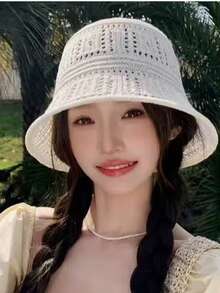 黑色鏤空鉤編水桶帽附金屬標籤，女款透氣防紫外線夏季水桶帽 - 彩色 - 查看 11