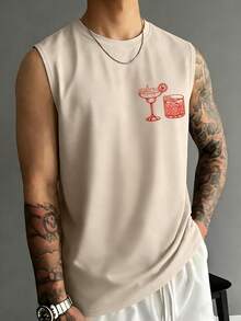 Men's Summer Fashion Versatile Cocktail Print Crew Neck Short Sleeve Tank Top - Apricot - View 2