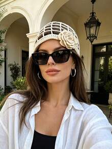1pc Women's Plaid Floral Handmade Crochet Beanie, Spring/Summer Fashion Thin Y2K Shell Tassel Crochet Knitted Hat, Suitable For Daily Wear, Vacation, Bohemian Photo Decoration - Multicolor - View 2