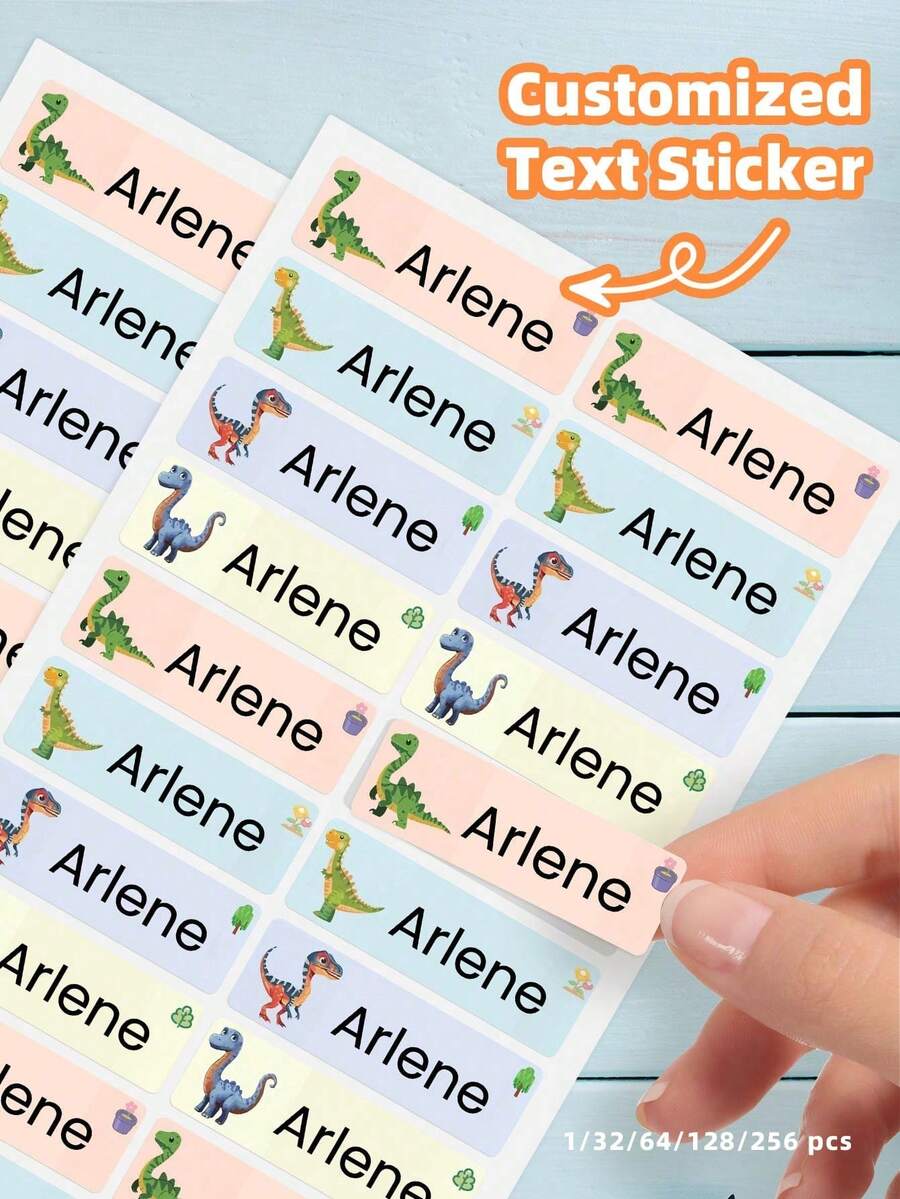 1/32/64/128/256 Pcs Customizable Name Stickers, Waterproof And Oil-Proof Labels, Cartoon Dinosaur Pattern Stickers, Paper Name Labels, Personal Items - Multicolor - View 1