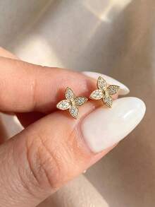 1 par de pendientes de botón de plata pura con circonita, estilo de lujo versátil Ins, pendientes de botón de flor de cuatro pétalos artísticos para mujeres - Amarillo Oro - Ver 3