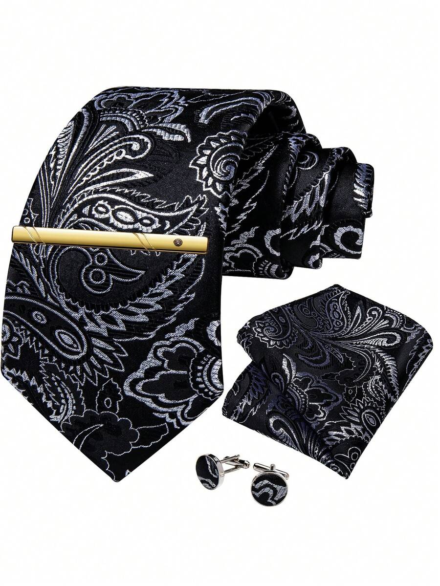 Black & Silver Paisley Pattern Tie 4-Piece Set, Includes Tie, Pocket Square, Cufflinks, Gold Tie Clip, Suitable For Business Meetings, Weddings, Banquets - Black - View 1
