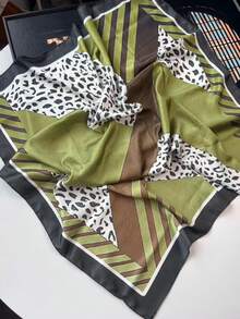 1pc Solid Color Neck Scarf With Colorful Graffiti Print, Women's Small Shawl, Scarf Headband 70x70cm Square Headwrap - Green - View 10
