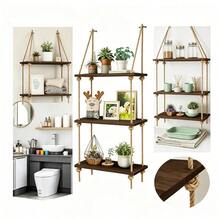 1pc 3 Tier Wooden Hanging Shelf With Jute Rope, Rustic Wall Mounted Floating Shelves, Boho Farmhouse Wood Swing Rope Shelf Organizer For Plants Photos Frames, Living Room Bedroom Bathroom Kitchen Home Office Window Wall Decor Storage Display Rack - Brown - View 8