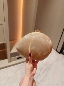 Moonlit Eve Bag 1件裝 水波紋迷你壓克力不對稱晚宴手拿包，高級金屬珠扣設計，優雅方盒晚宴包，適合派對女孩、新娘、大學生、職場新人與白領女性，適用於派對、舞會、婚禮，完美搭配舞會配件，附金屬鍊條，隨機花紋 - 杏色 - 查看 6