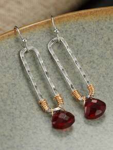 Women's Vintage Dual-Tone Pendant Earrings With Red Synthetic Cubic Zirconia Decoration, Suitable For Daily Commute And Date - Silver - View 8