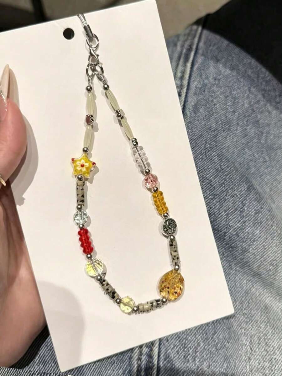1 Stück Ins Stern Handy-Dekor – handgefertigte Perlen-Handykette zum Aufhängen, Kamera-Anti-Verlust-Kette für Reisen, Taschen-Akzent, Schlüsselanhänger, Aufhänger für Apple Pro Bluetooth-Kopfhörer-Hülle, Feiertagsgeschenk für Frauen - Verschiedenfarbig - Übersicht 1