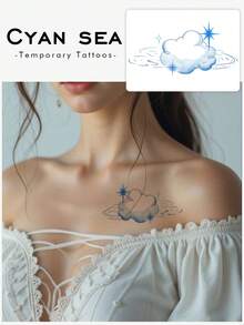 1pc Blue Gradient Ink Wash Cloud Ripple Four-Point Sparkle Horizontal Pattern Temporary Tattoo Sticker, Realistic Fake Tattoo Design, Suitable For Daily Bachelorette Party Favors, Music Festivals, Gaming, Graduation Gifts, Lasts 3-5 Days - Blue - View 1