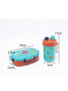 1 Set Bento Lunch Box With Water Bottle 3 Assorted Cartoon Patterns, Cute Dinosaur Astronaut Ocean Print Rectangular Transparent Window Leakproof Lock Clips Portable Handle Food Storage Container For Picnic Back To School Daily Use - Multicolor - View 14