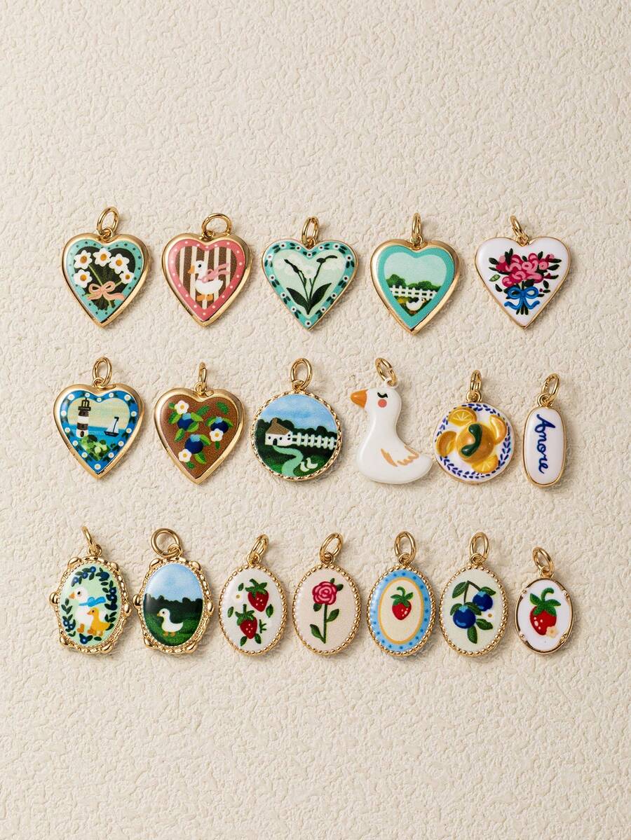 1pc Gold-Edged Printed Pendant, Exquisite Pastoral Style, 14k Gold Plated Copper Material, Suitable For Phone Case Decoration, Millennium Beach, Women's Beach Accessories - Multicolor - View 1