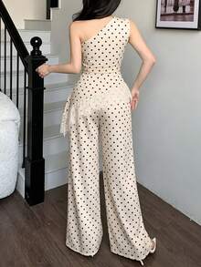 abyoxi Conjunto de 2 piezas de top sin mangas con cintura fruncida y parches de encaje con dobladillo asimétrico en color verde guisante, y pantalones de pierna ancha. Sexy y elegante - Albaricoque 2 - Ver 2