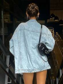 Boyfriend Style Solid Color Slant Pocket Casual Loose Denim Jacket, Women Autumn Clothing - Light Wash - View 7