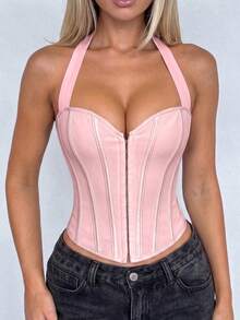 Apperloth A Top corto tipo bustier sin espalda con cordones delanteros y ojales metálicos estilo Rave Y2K, ropa de club casual rosa de verano - Rosa - Ver 9