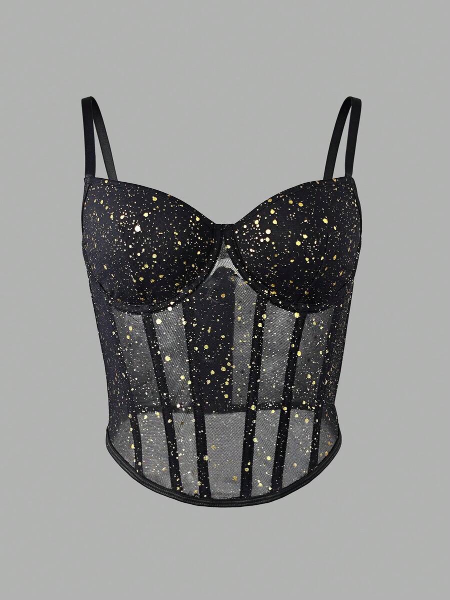 Black & Gold Sheer Corset Top - Suitable For Party, Date Night, Street Style, Everyday Wear - Black - View 1