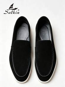 Salkin 經典設計手工男士莫卡辛鞋 平價奢華一腳蹬樂福鞋 寬楦頭 麂皮素食皮革 男鞋 日常休閒 平底開車鞋 多色可選 節日禮物 - 黑色 - 查看 1