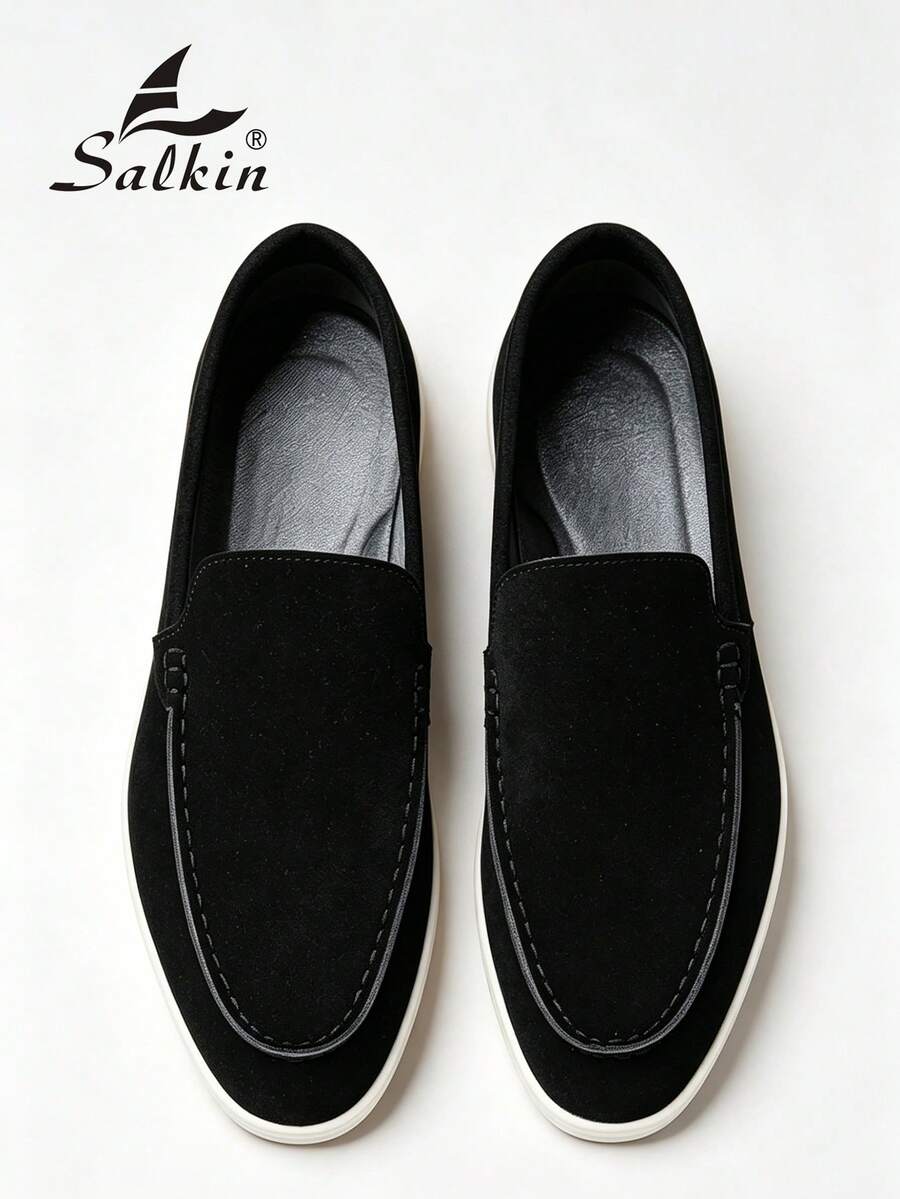 Salkin 經典設計手工男士莫卡辛鞋 平價奢華一腳蹬樂福鞋 寬楦頭 麂皮素食皮革 男鞋 日常休閒 平底開車鞋 多色可選 節日禮物 - 黑色 - 查看 1