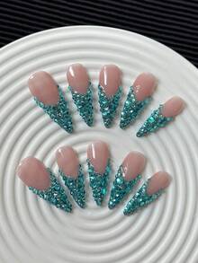 Y2K 奢華湖藍法式圓形水鑽 33mm 長尖形手工穿戴甲，全覆蓋 3D 水鑽設計，裸色亮面閃耀，奢華水鑽裝飾，優雅百搭時尚創意，適合夏季度假、畢業季、世界盃、婚禮、派對、戶外、海灘、日常、假期、聚會、工作及特殊場合 - 10片/包 - 彩色 - 查看 5