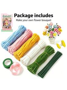 Tallo de tubería de limpieza, materiales florales hechos a mano, conjunto de ramo de flores de terciopelo de tubería con accesorios y tutorial, kit DIY mejorado hecho a mano, adecuado para decoración y regalos - Ramo de la serie colorida - Ver 9