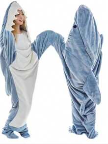 Adult Cartoon Shark Flannel Bathrobe, Hooded Knitted Polyester Robe, Soft Machine Washable Sofa Home Wear, Modern Shark Theme Holiday Cosplay Gift, Soft Knitted Polyester Bathrobe, Towel Theme Machine Washable Indoor Home Wear, Back To School Season - Multicolor - View 11