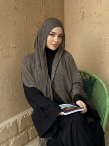 1pc Curved Edge Solid Color Lightweight Casual Long Hijab, Suitable For Daily Wear, Lace Ruffled Hijab - Coffee Brown - View 2