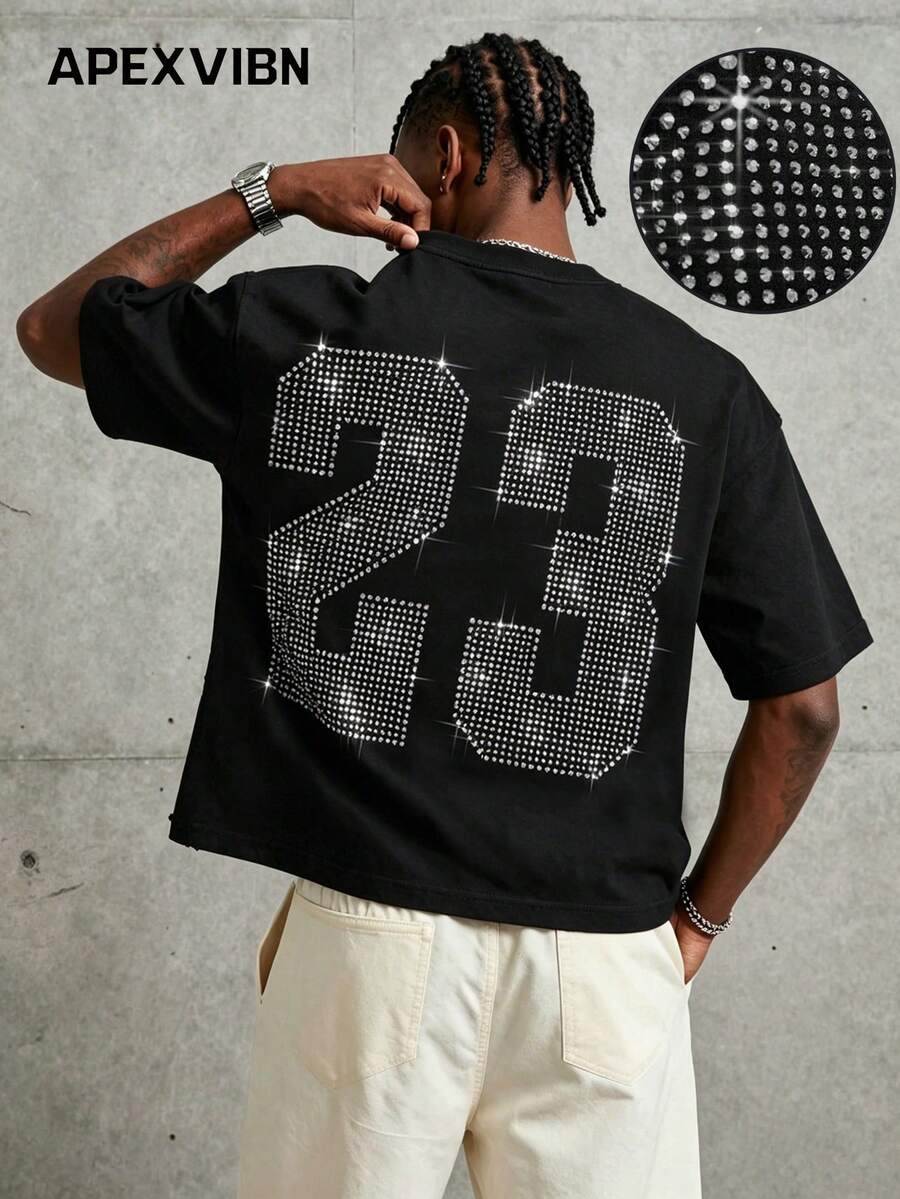 Black Short Sleeve T-Shirt Men's Loose Oversize Fit Back Large 23 Rhinestone Design Street Style Personalized Rhinestone Print Casual Half Sleeve Top - Black - View 1