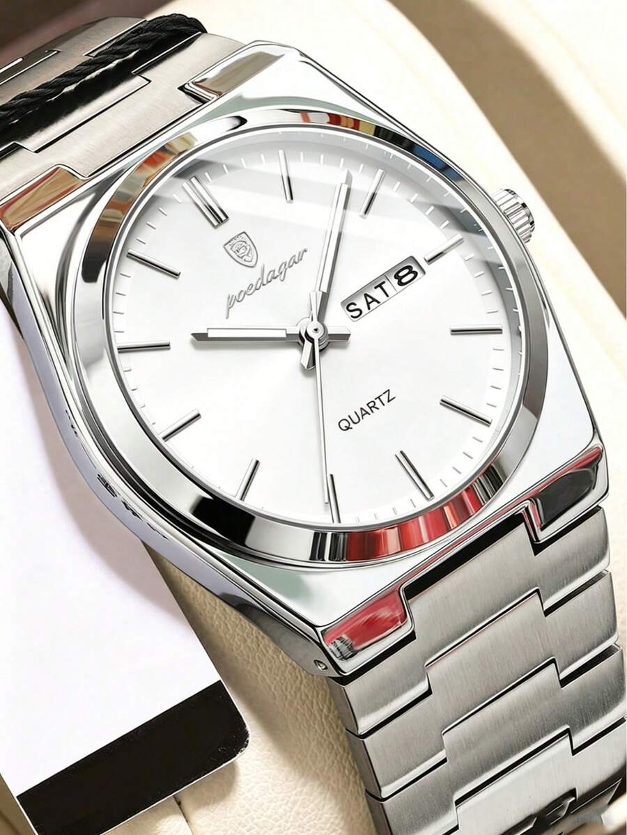 1 pieza Reloj de inoxidable impermeable y luminoso de moda, con pantalla de fecha y día, reloj de pulsera de cuarzo casual, adecuado para que los hombres lo usen en Halloween, Navidad, Día del Padre, cumpleaños, regreso a la escuela, estudiante, vacaciones, Día de San Valentín, citas, negocios, uso diario, regalo, festival de música, temporada de bodas y otras ocasiones - Blanco - Ver 1