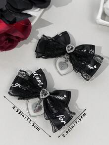 2pcs/Set Women's Lace Letter Ribbon Dark Color Gothic Style Heart & Cross Hair Clips, Suitable For Holiday Dress-Up And Daily Wear For Gothic Lovers - Multicolor - View 8