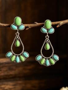 1 Pair Vintage Synthetic Turquoise Teardrop Hollow Dangle Zinc Alloy Earrings - Green - View 1
