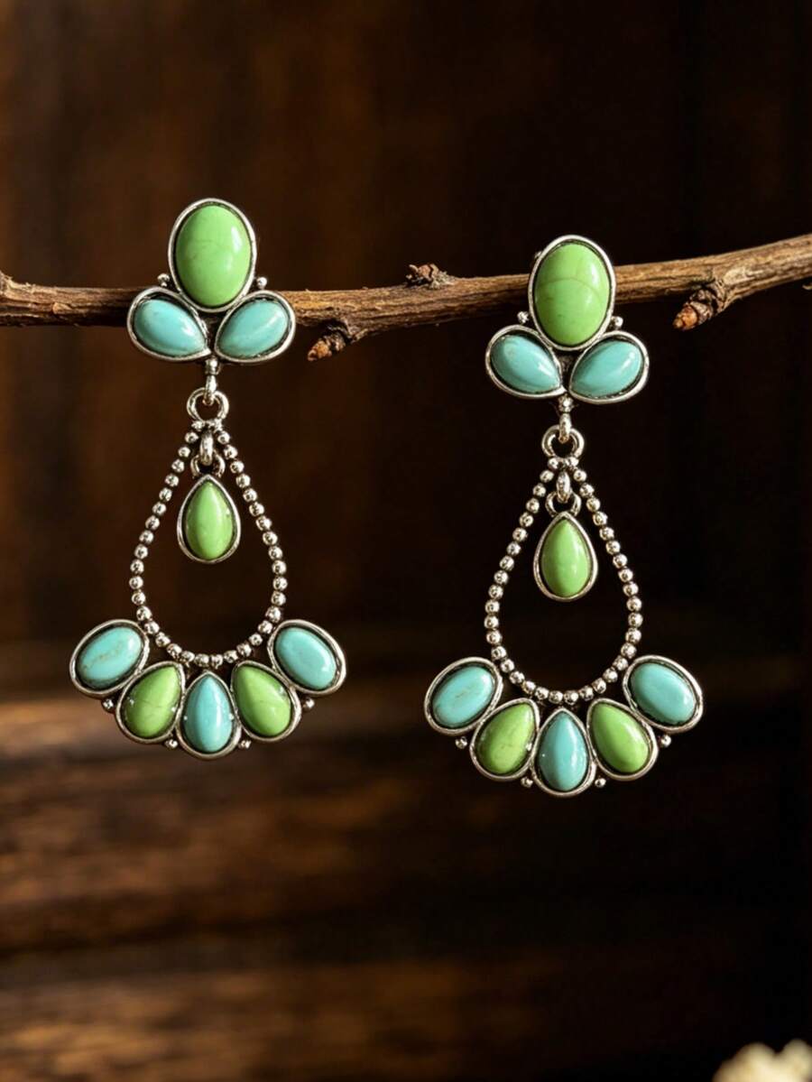 1 Pair Vintage Synthetic Turquoise Teardrop Hollow Dangle Zinc Alloy Earrings - Green - View 1