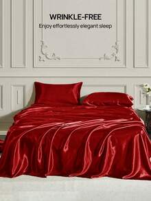 HONEYMOON 1pc Premium Silky Satin Bed Sheet, Soft Breathable Wrinkle-Resistant Fabric, Improves Sleep Quality, Luxury Hotel Style, Suitable For Home And School Dorm Use, Back To School Essential, Fits All Bed Sizes: Twin, Full, Queen, King, Red - Red - View 5