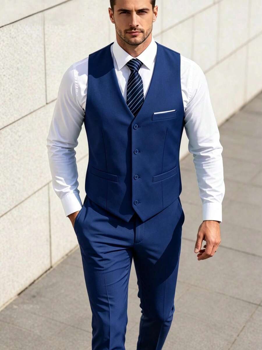 Conjunto de traje de 2 piezas azul real para hombre - chaleco y pantalones, unicolor elegante de corte slim, casual, de negocios, de boda, de fiesta, tallas XS-3XL