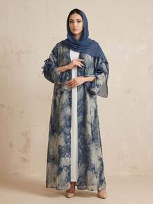 Hafizah 穆斯林女款端莊時尚雪紡印花兩件套，含希賈布，夏季休閒外套 - 藍色 - 查看 7