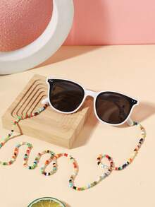 1 Set 1 pieza Gafas de moda cuadradas casuales para niños de 5-9 años, marco de PC rosa & blanco con lentes grises, con 1 pieza de cadena de gafas con cuentas, adecuadas para uso diario al aire libre, incluye estuche de gafas - Multicolor - Ver 1