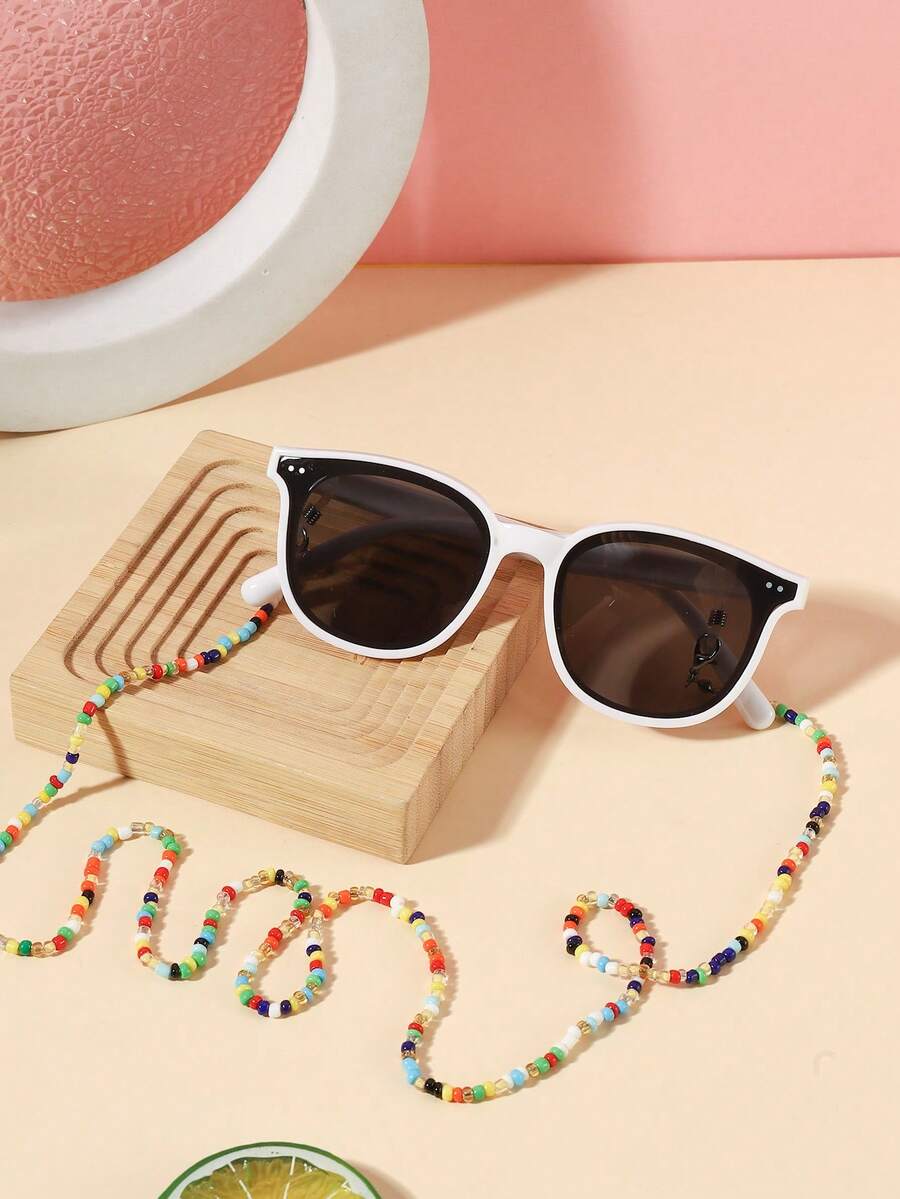 1 Set 1 pieza Gafas de moda cuadradas casuales para niños de 5-9 años, marco de PC rosa & blanco con lentes grises, con 1 pieza de cadena de gafas con cuentas, adecuadas para uso diario al aire libre, incluye estuche de gafas - Multicolor - Ver 1