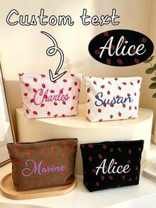 Personalisierte süße Erdbeermuster Kosmetiktasche, personalisierte Mehrzweck-Aufbewahrungstasche, individuell bestickerter Text, ideales Geschenk für Freundin, Freund, Mutter, beste Freundin - Verschiedenfarbig - Übersicht 1