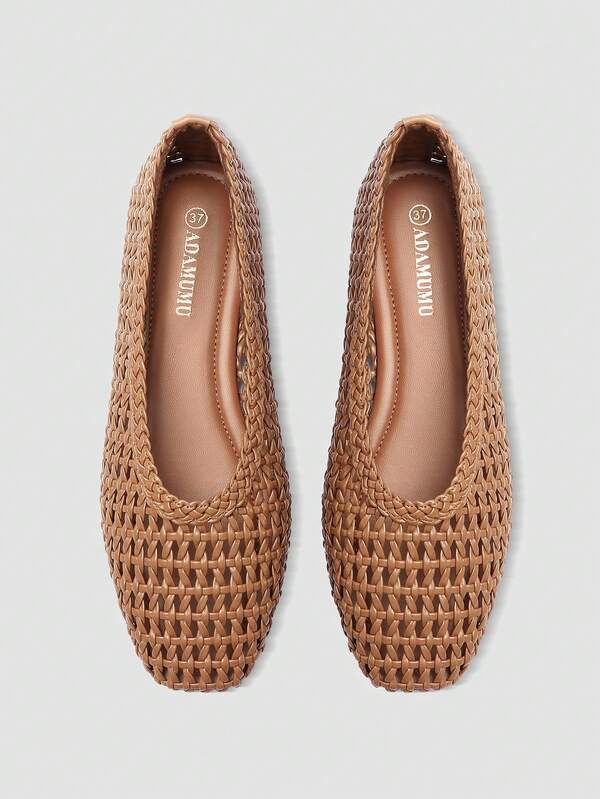 ADAMUMU Plus Size New Handmade PU Woven Shallow Flat Ballet Shoes For Women, Woven Texture Design, Vintage Luxury, Daily Commute, Versatile Comfortable Women's Shoes